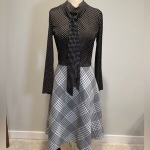 Vintage ILGWU 70’s Black and White Polka Dot and Plaid Midi Dress